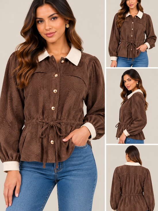 Gigio Jackets & Blazers - Women's Brown Utility Jacket with Cream Collar and Drawstring Waist